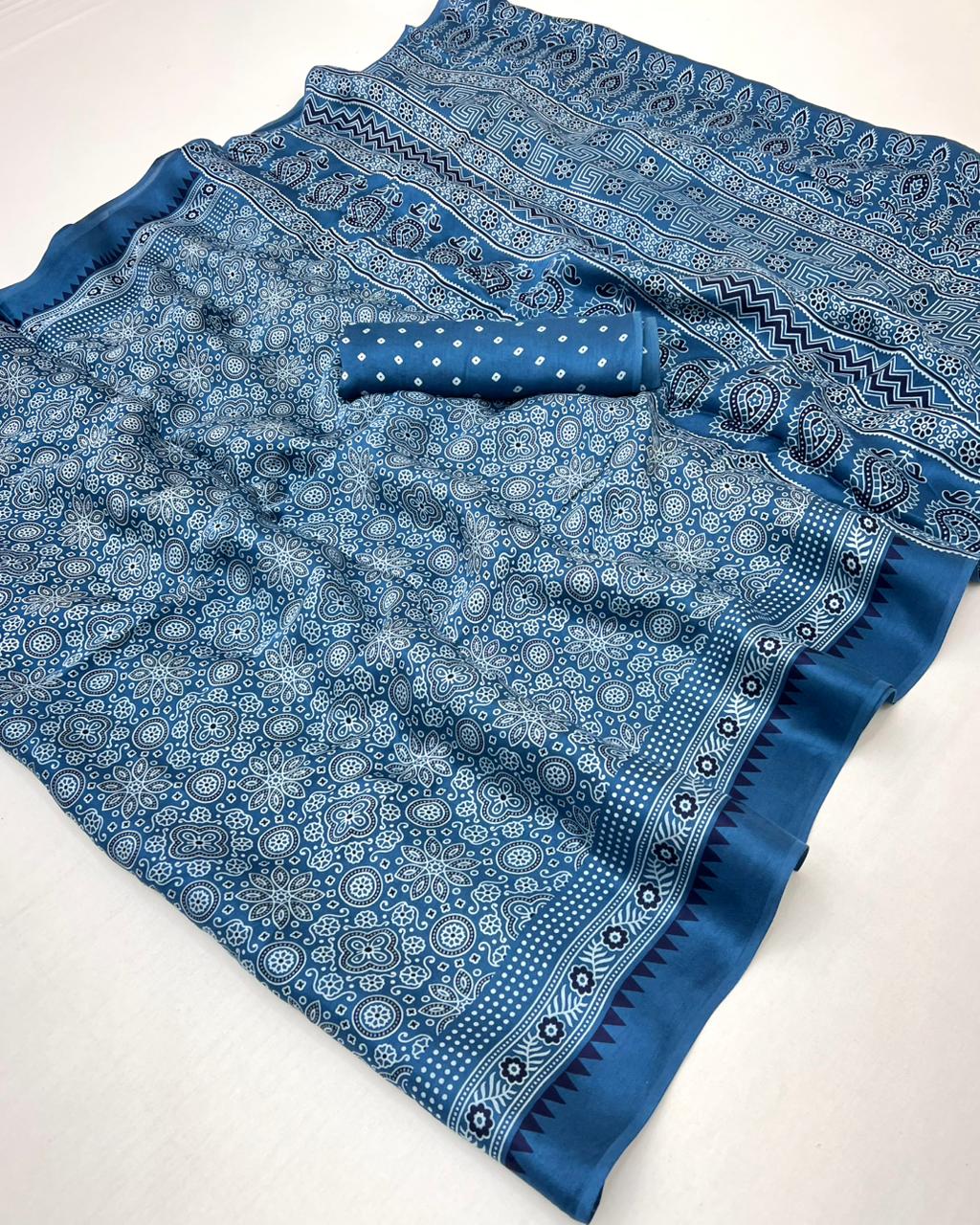 Venice Blue Ajrakh Hand Block Modal Silk Saree With Fancy Ajrakh Pallu And Border-1