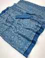 Venice Blue Ajrakh Hand Block Modal Silk Saree With Fancy Ajrakh Pallu And Border-1