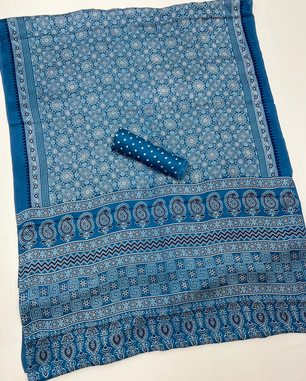 Venice Blue Ajrakh Hand Block Modal Silk Saree With Fancy Ajrakh Pallu And Border-1