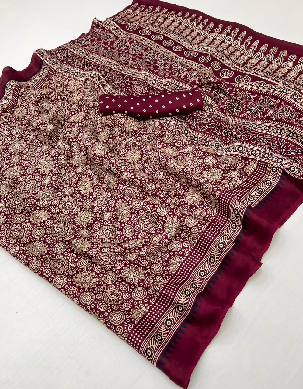 Dark Scarlet Ajrakh Hand Block Modal Silk Saree With Fancy Ajrakh Pallu And Border-1