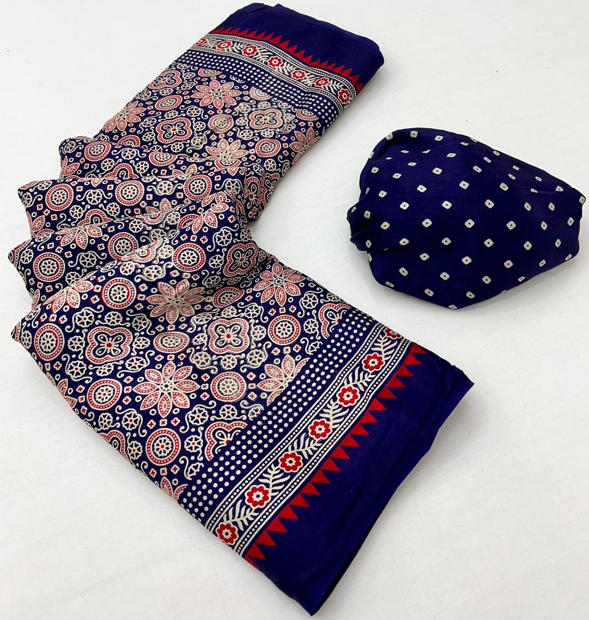 Midnight Blue Ajrakh Hand Block Modal Silk Saree With Fancy Ajrakh Pallu And Border-1