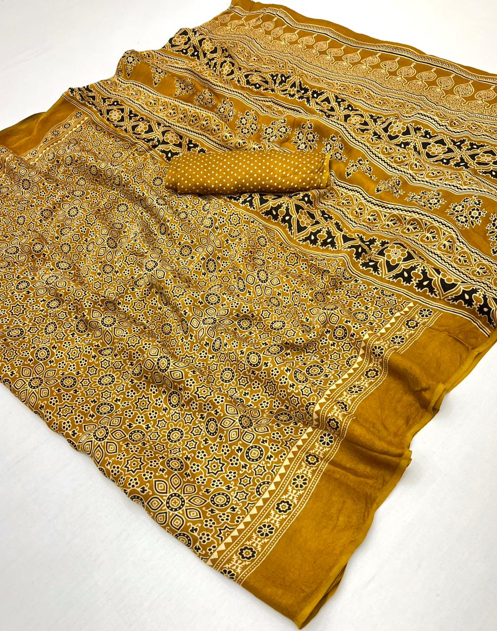 Musturd Ajrakh Hand Block Modal Silk Saree With Fancy Ajrakh Pallu And Border-2