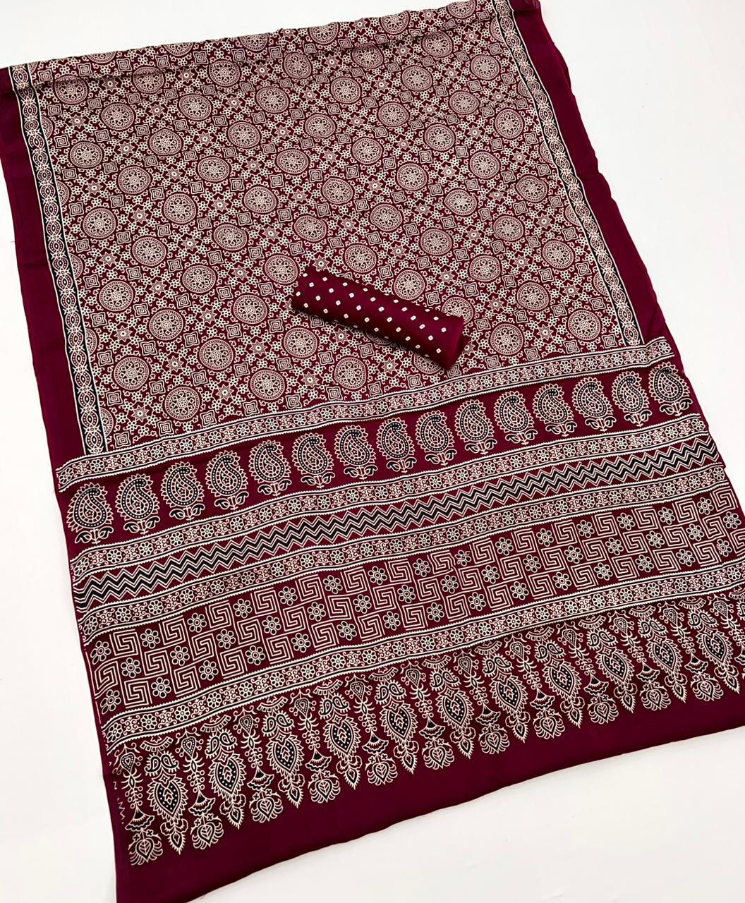 Maroon Oak Ajrakh Hand Block Modal Silk Saree With Fancy Ajrakh Pallu And Border-2
