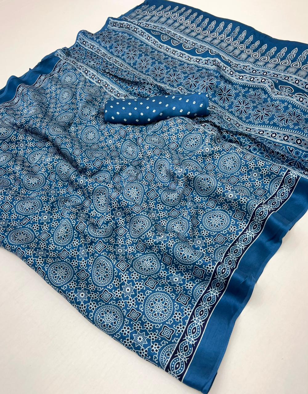 Peacock Blue Ajrakh Hand Block Modal Silk Saree With Fancy Ajrakh Pallu And Border-2