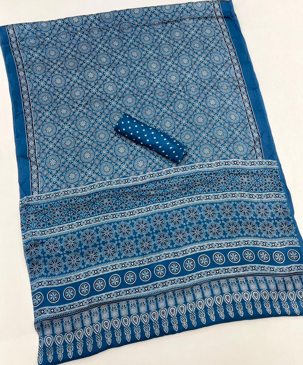 Peacock Blue Ajrakh Hand Block Modal Silk Saree With Fancy Ajrakh Pallu And Border-2