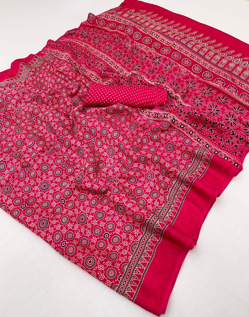 Lipstick Red Ajrakh Hand Block Modal Silk Saree With Fancy Ajrakh Pallu And Border-2
