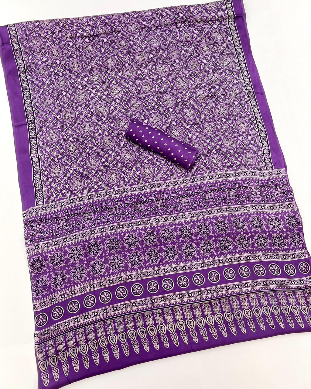 Purple Jam Ajrakh Hand Block Modal Silk Saree With Fancy Ajrakh Pallu And Border-2