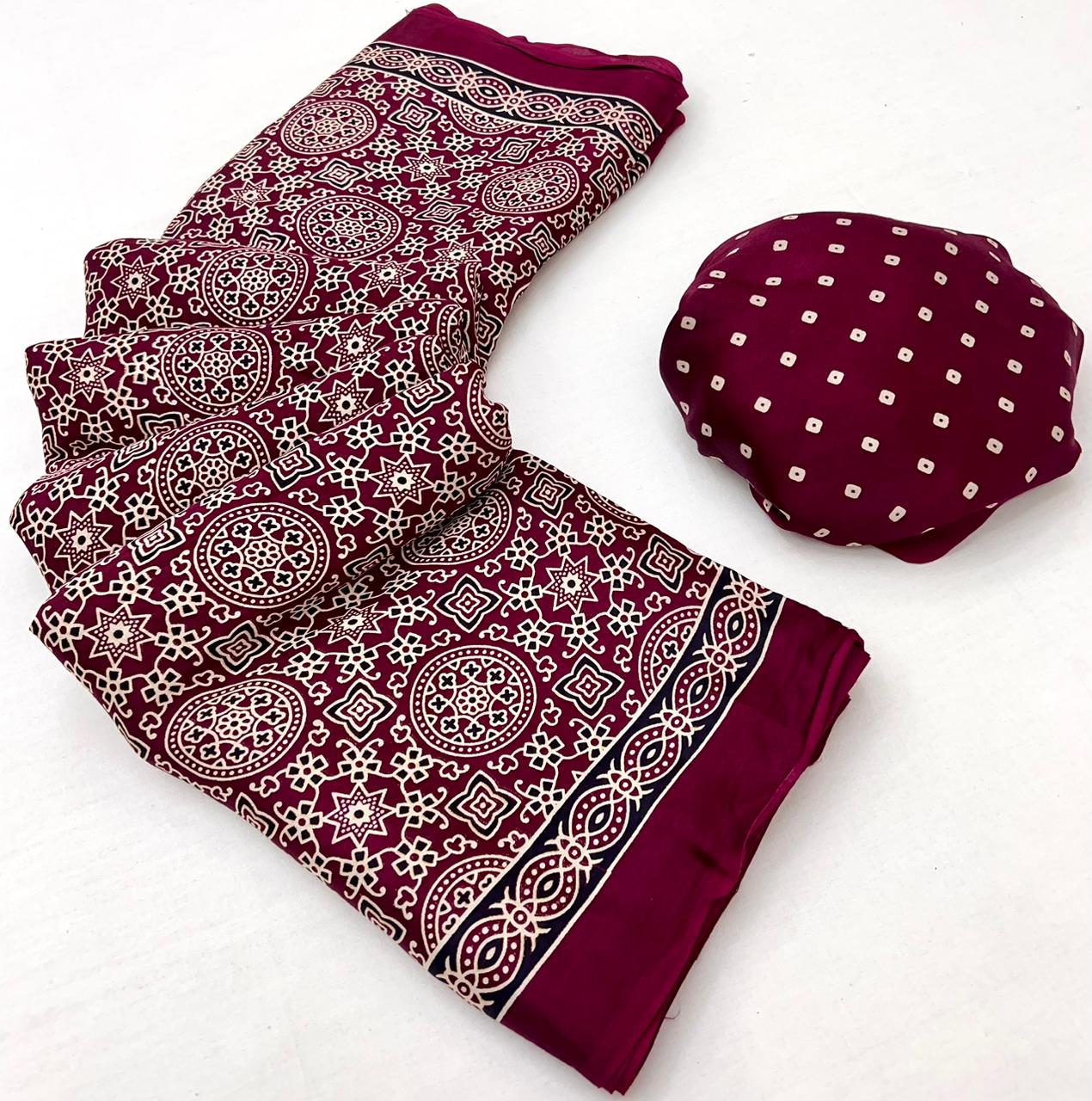 Maroon Oak Ajrakh Hand Block Modal Silk Saree With Fancy Ajrakh Pallu And Border-2