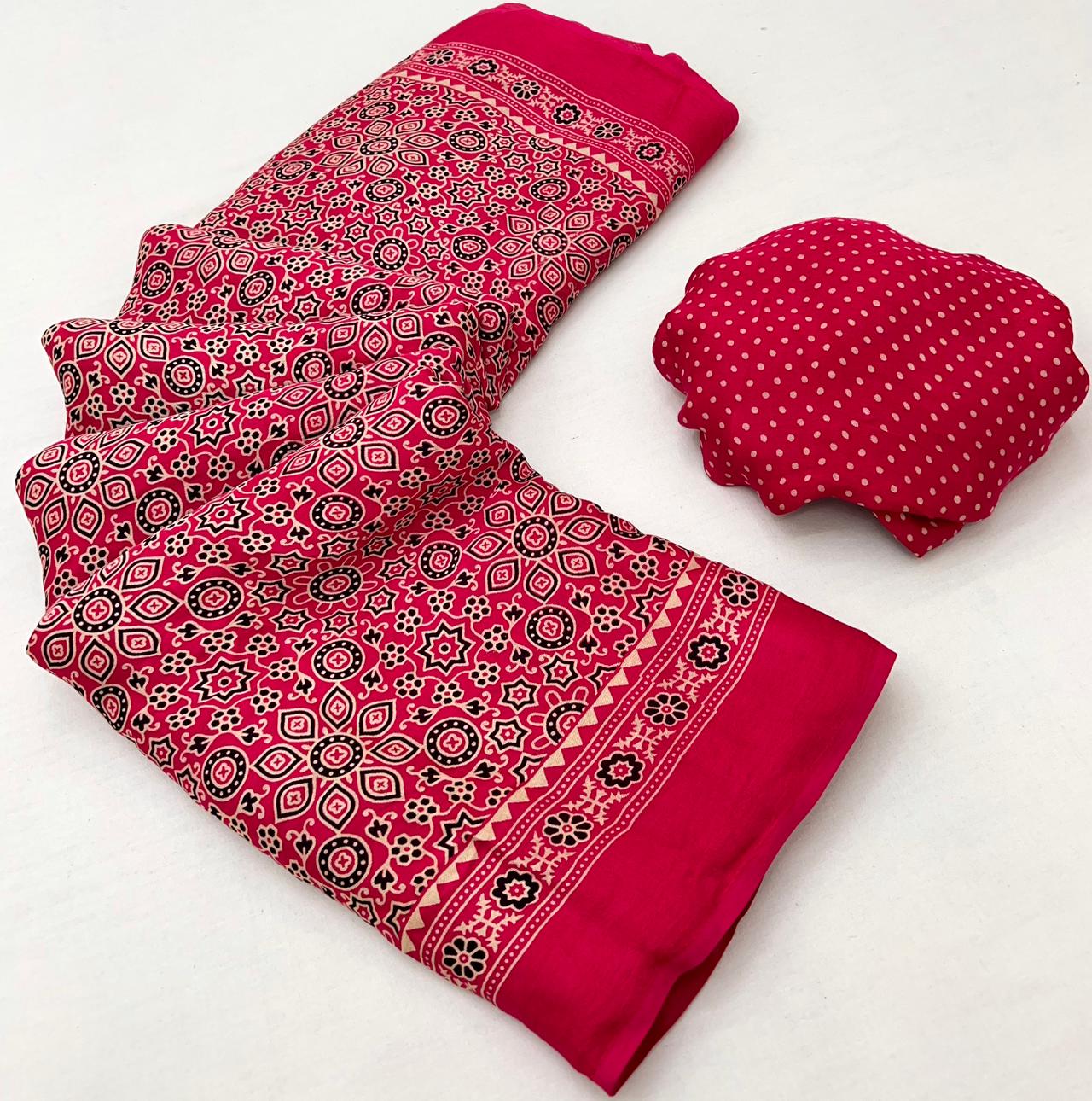 Raspberry Ajrakh Hand Block Modal Silk Saree With Fancy Ajrakh Pallu And Border-2