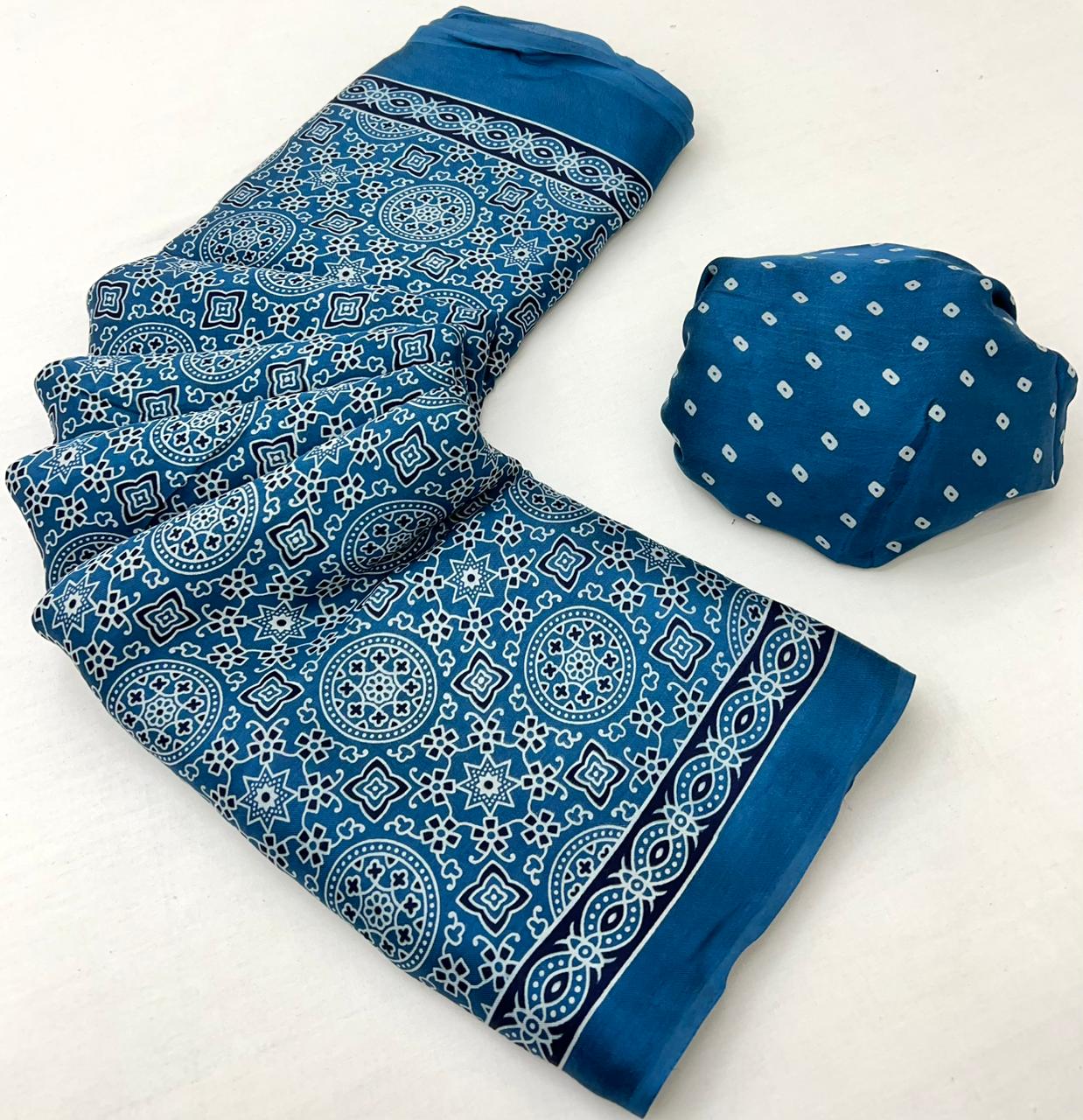 Peacock Blue Ajrakh Hand Block Modal Silk Saree With Fancy Ajrakh Pallu And Border-2