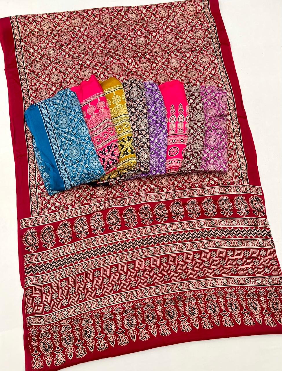 Lipstick Red Ajrakh Hand Block Modal Silk Saree With Fancy Ajrakh Pallu And Border-2