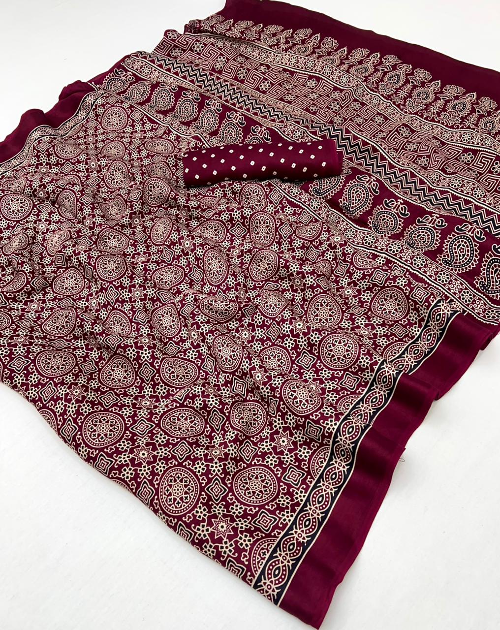 Maroon Oak Ajrakh Hand Block Modal Silk Saree With Fancy Ajrakh Pallu And Border-2