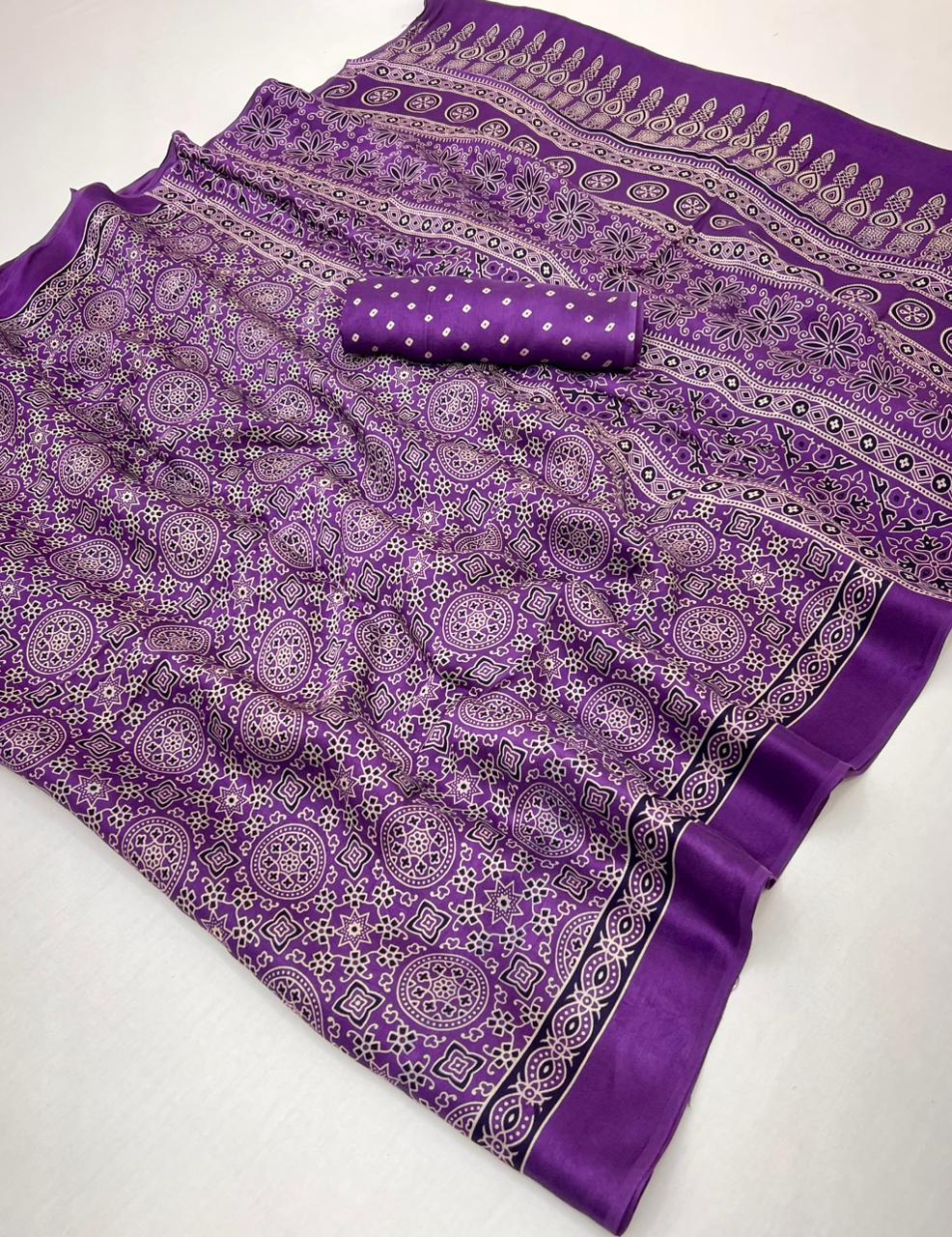 Purple Jam Ajrakh Hand Block Modal Silk Saree With Fancy Ajrakh Pallu And Border-2