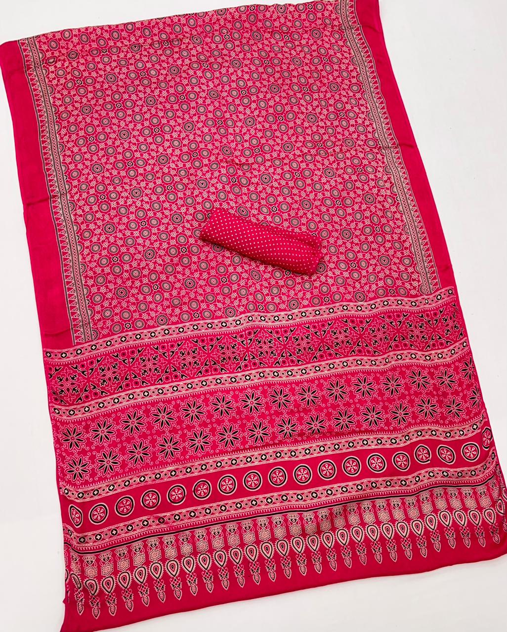 Lipstick Red Ajrakh Hand Block Modal Silk Saree With Fancy Ajrakh Pallu And Border-2