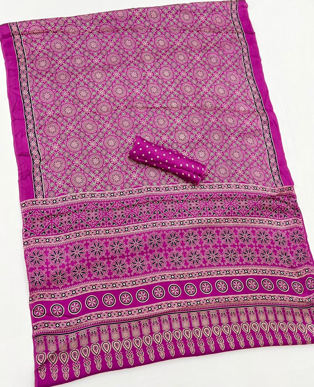 Barney Purple Ajrakh Hand Block Modal Silk Saree With Fancy Ajrakh Pallu And Border-2
