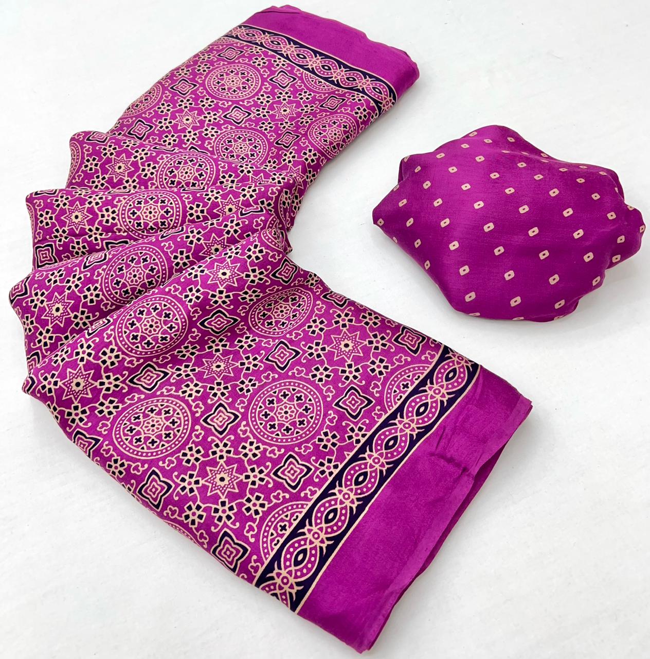 Barney Purple Ajrakh Hand Block Modal Silk Saree With Fancy Ajrakh Pallu And Border-2