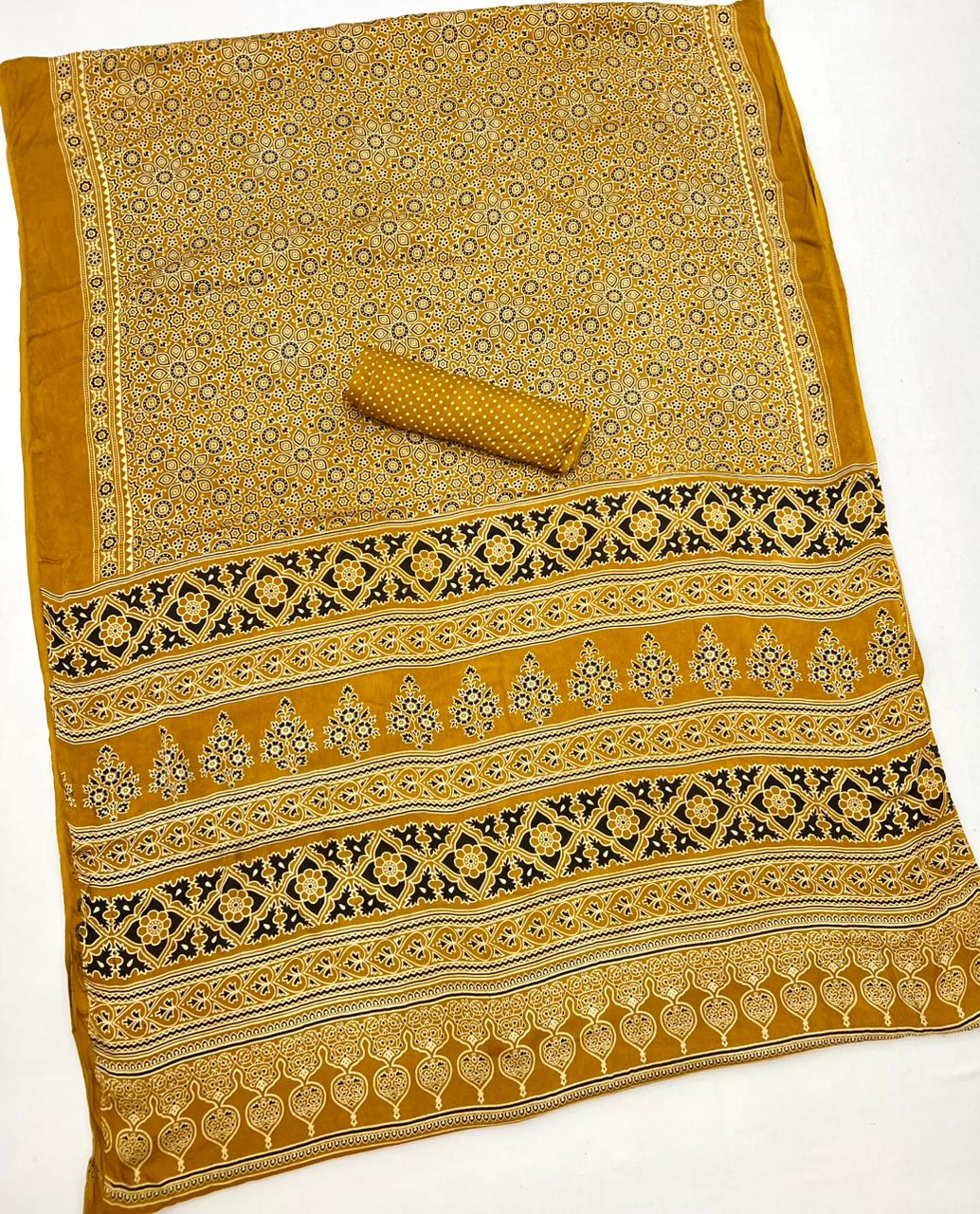 Musturd Ajrakh Hand Block Modal Silk Saree With Fancy Ajrakh Pallu And Border-2