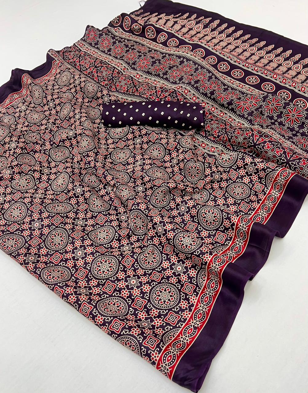 Deep Wine Ajrakh Hand Block Modal Silk Saree With Fancy Ajrakh Pallu And Border-2