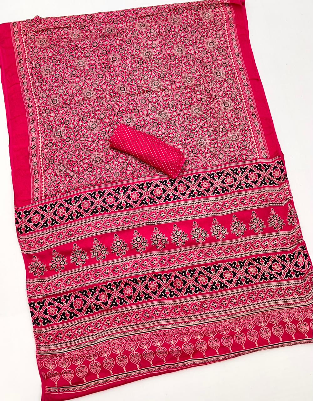 Raspberry Ajrakh Hand Block Modal Silk Saree With Fancy Ajrakh Pallu And Border-2