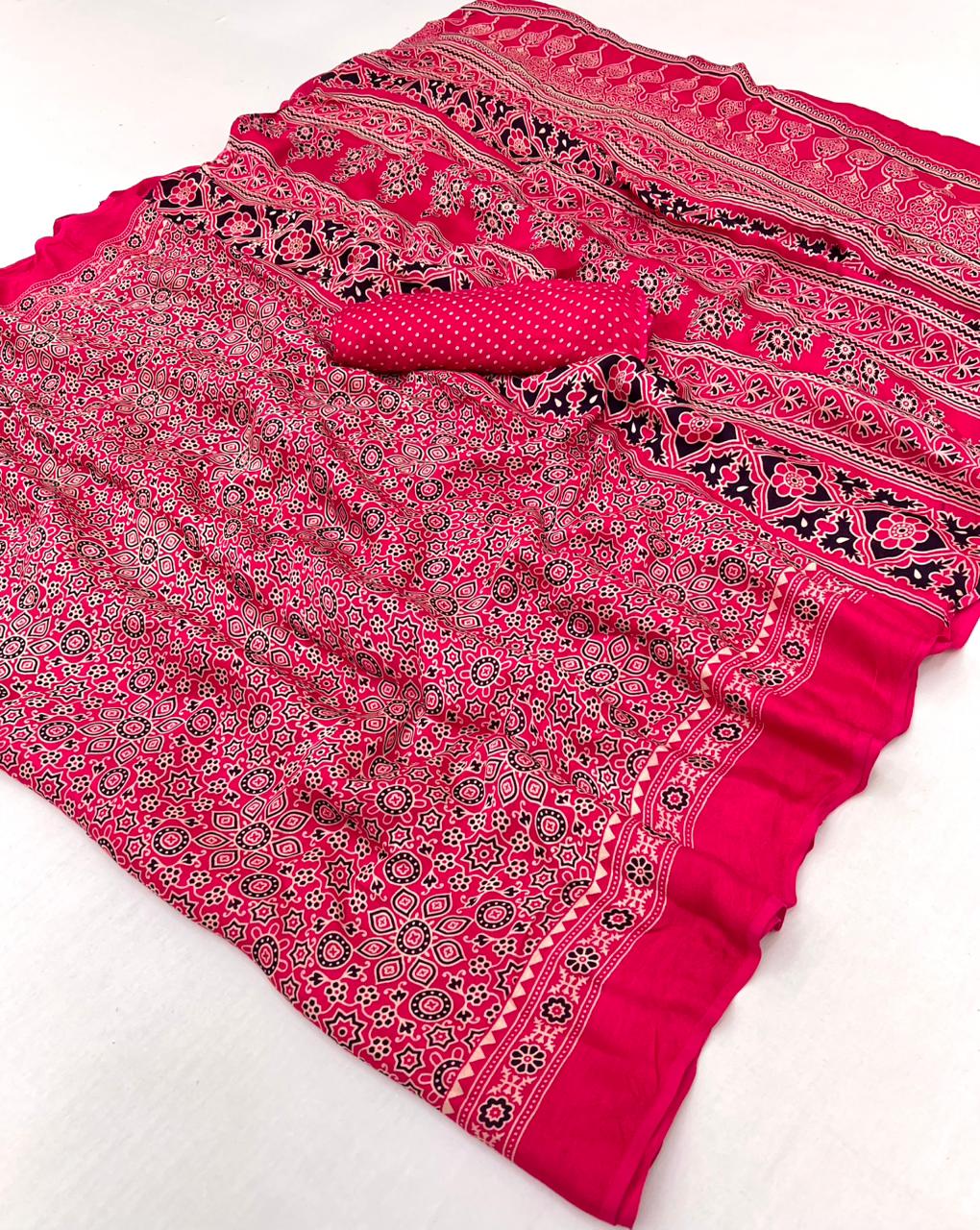 Raspberry Ajrakh Hand Block Modal Silk Saree With Fancy Ajrakh Pallu And Border-2