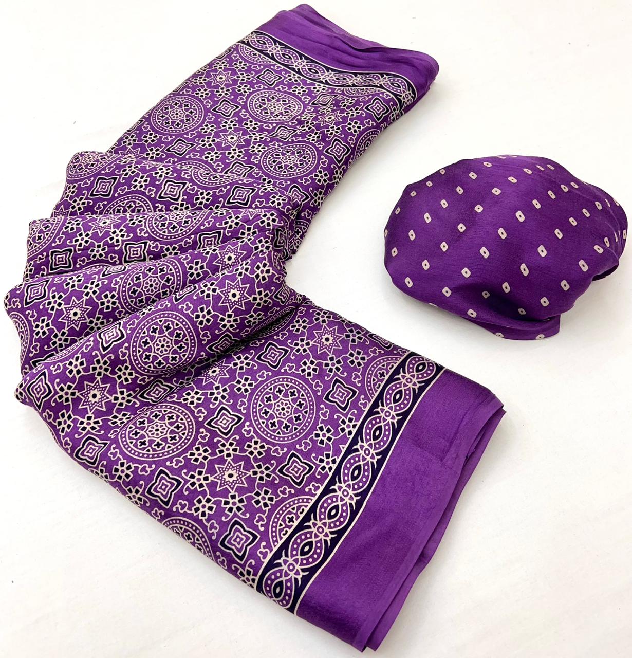 Purple Jam Ajrakh Hand Block Modal Silk Saree With Fancy Ajrakh Pallu And Border-2