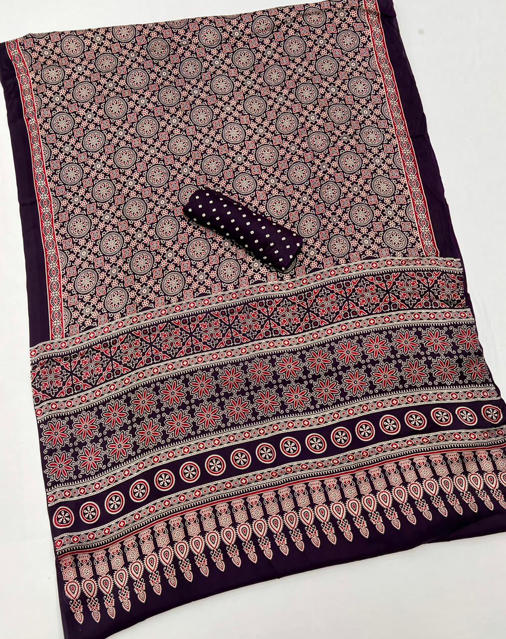 Deep Wine Ajrakh Hand Block Modal Silk Saree With Fancy Ajrakh Pallu And Border-2