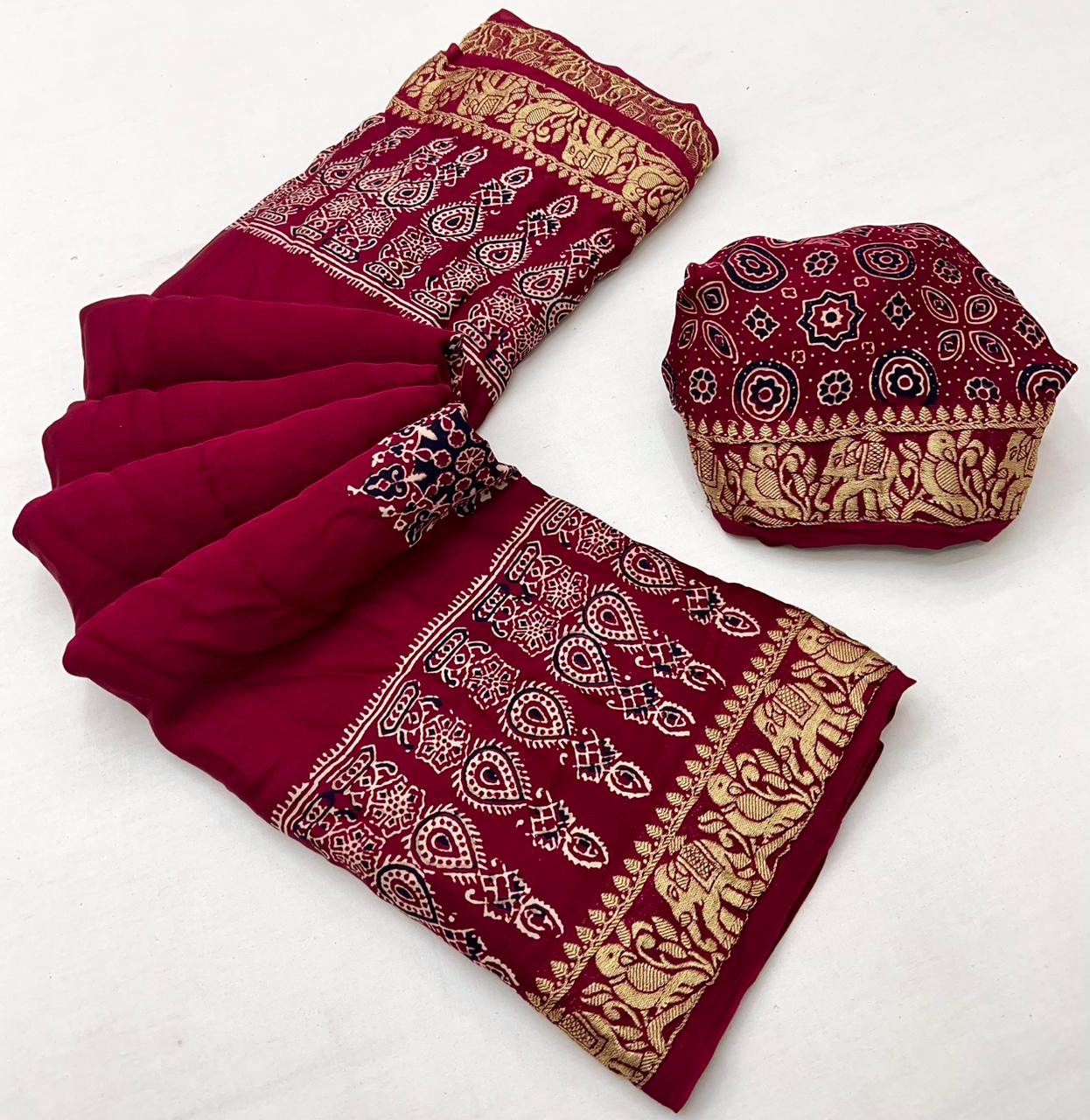 Stiletto Maroon Ajrakh Gajji Silk Nakshi Border Pallu Hand Block Saree