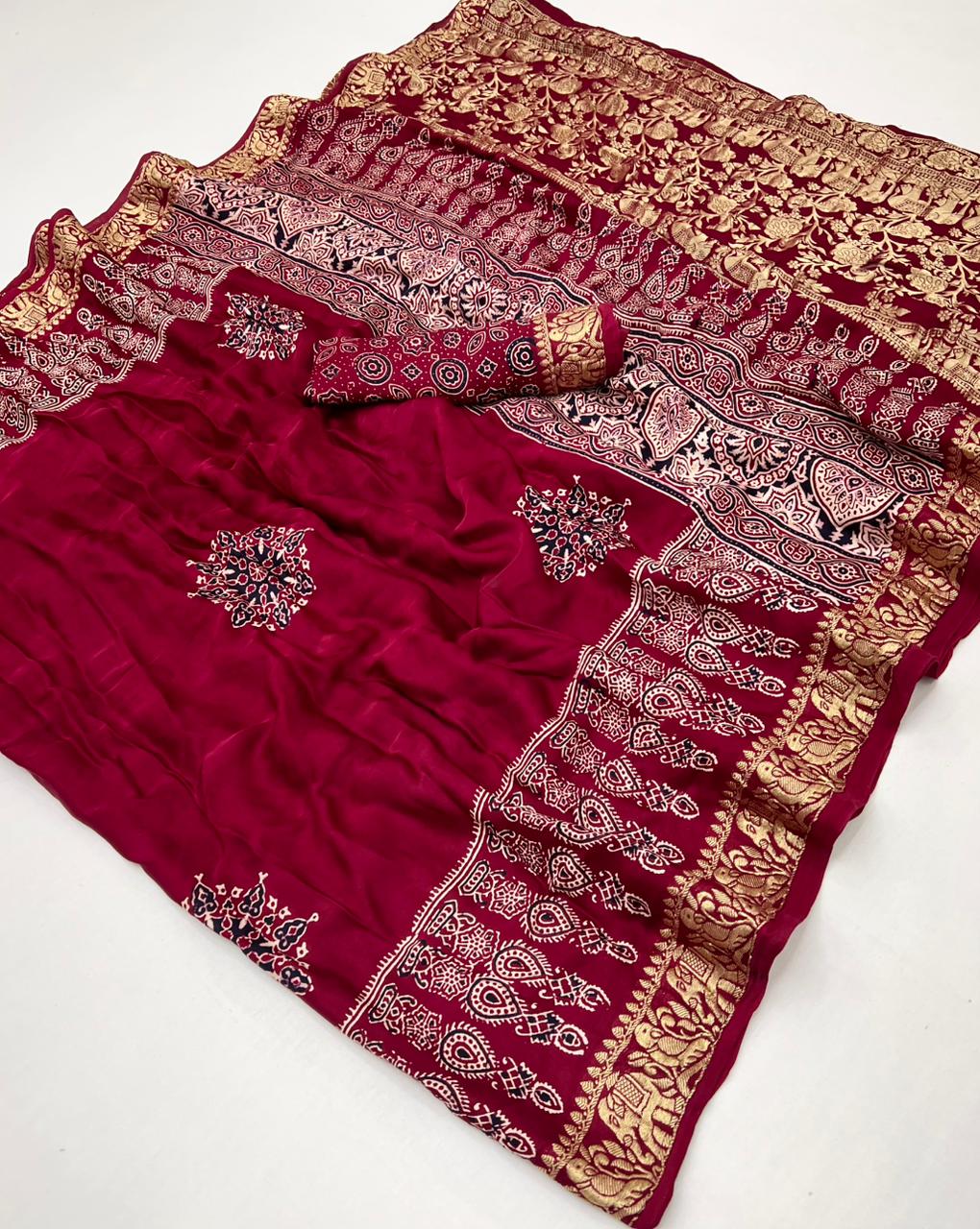 Stiletto Maroon Ajrakh Gajji Silk Nakshi Border Pallu Hand Block Saree