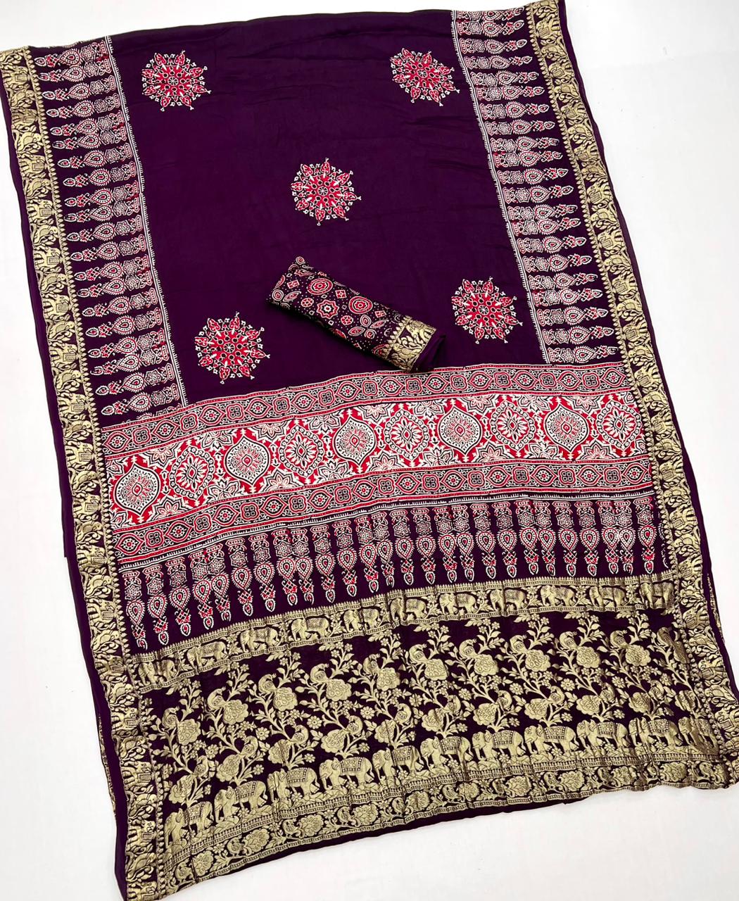 Tacao Wine Ajrakh Gajji Silk Nakshi Border Pallu Hand Block Saree