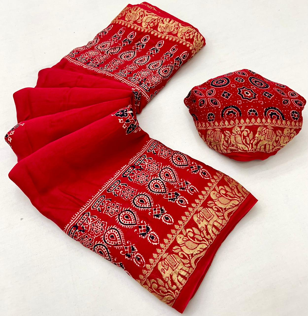 Mahogany Red Ajrakh Gajji Silk Nakshi Border Pallu Hand Block Saree