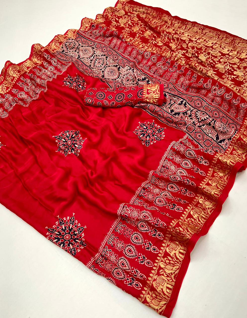 Mahogany Red Ajrakh Gajji Silk Nakshi Border Pallu Hand Block Saree