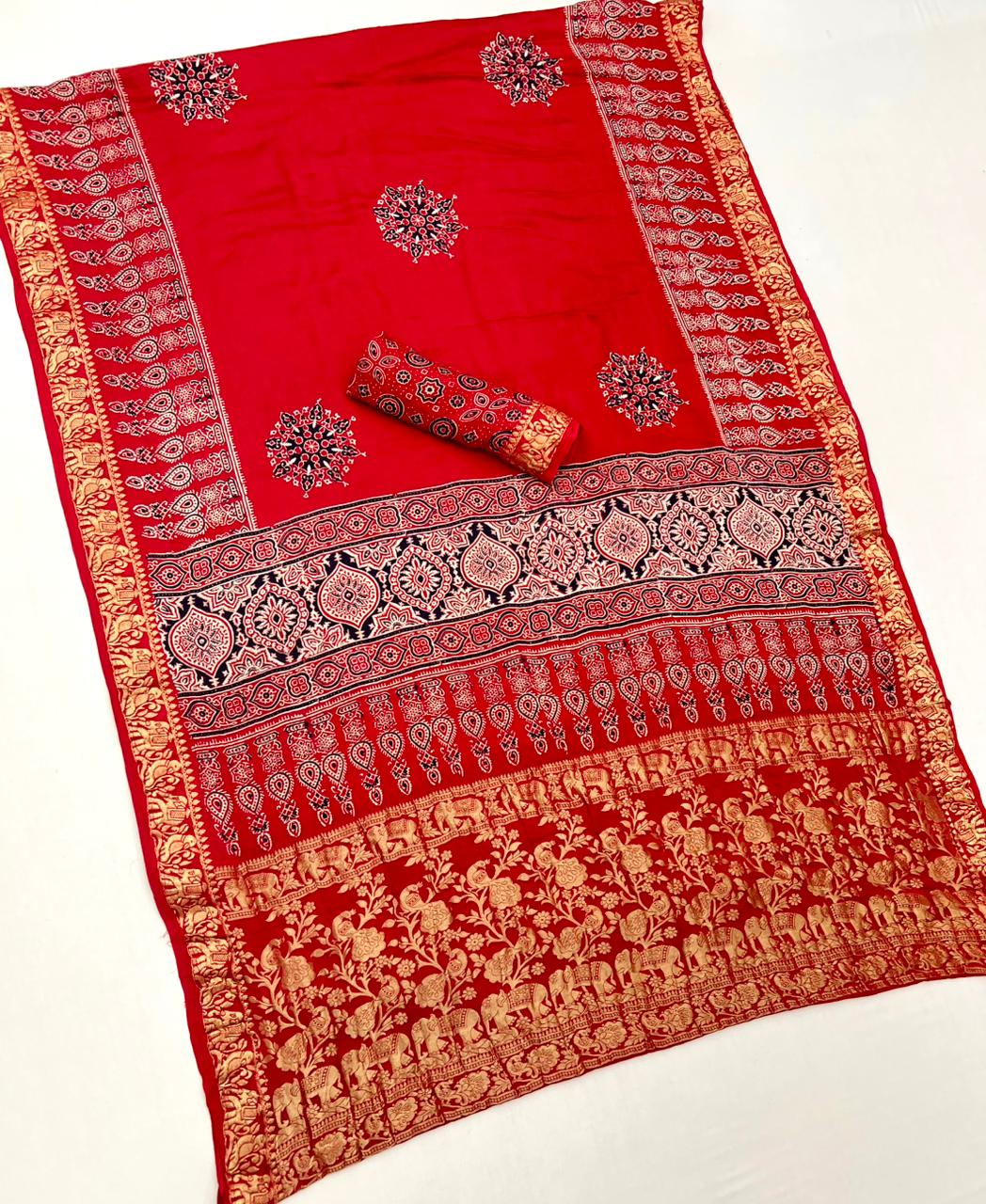 Mahogany Red Ajrakh Gajji Silk Nakshi Border Pallu Hand Block Saree
