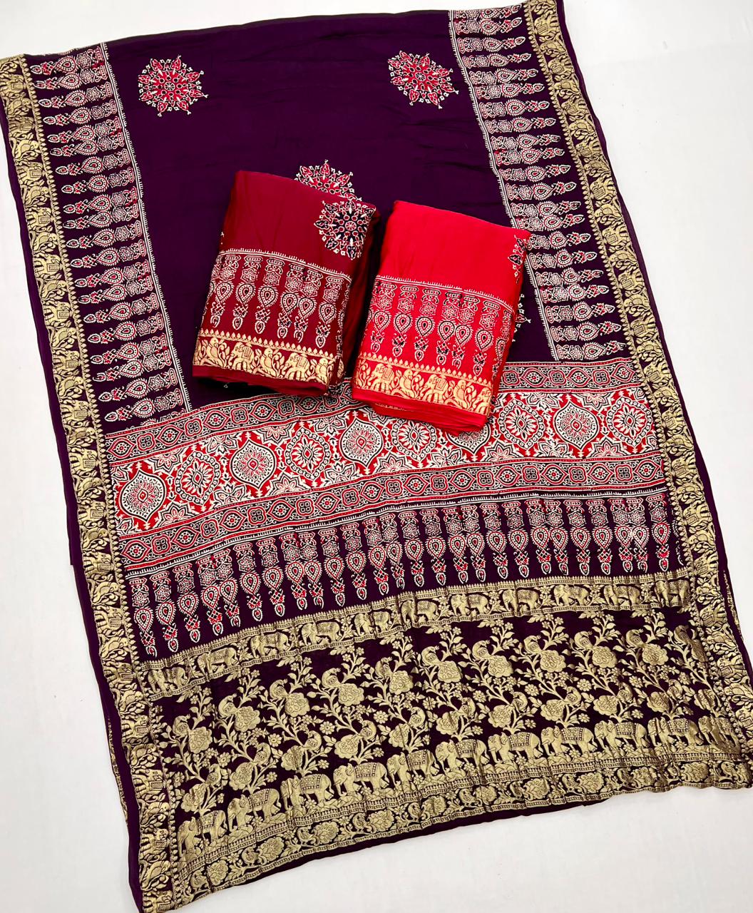 Tacao Wine Ajrakh Gajji Silk Nakshi Border Pallu Hand Block Saree