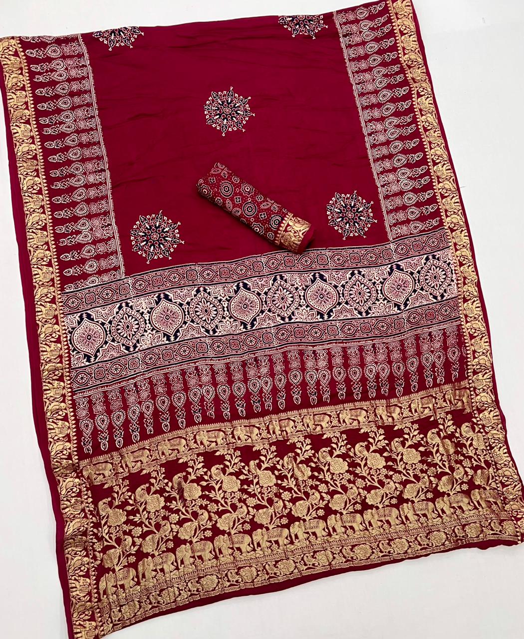 Stiletto Maroon Ajrakh Gajji Silk Nakshi Border Pallu Hand Block Saree