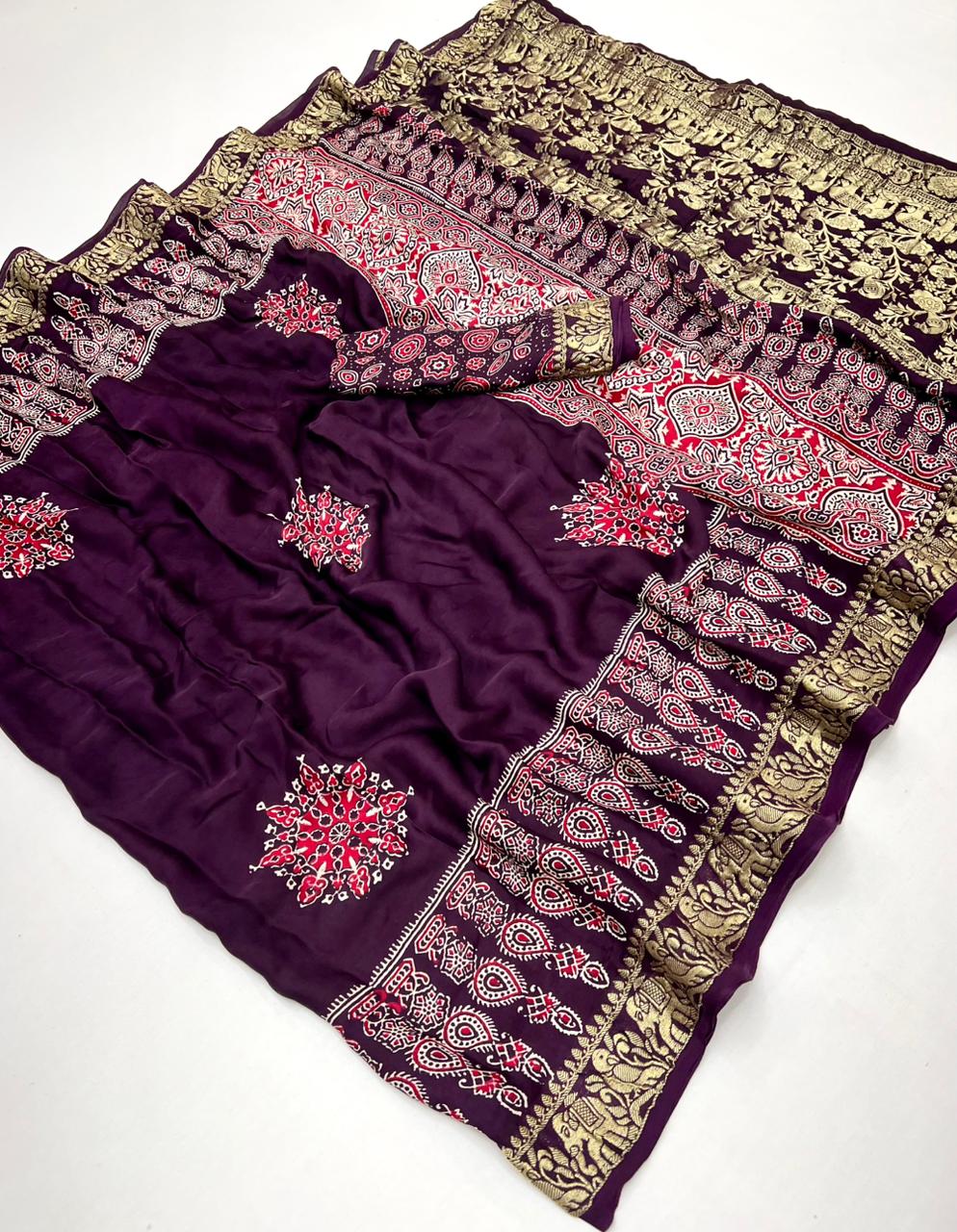 Tacao Wine Ajrakh Gajji Silk Nakshi Border Pallu Hand Block Saree