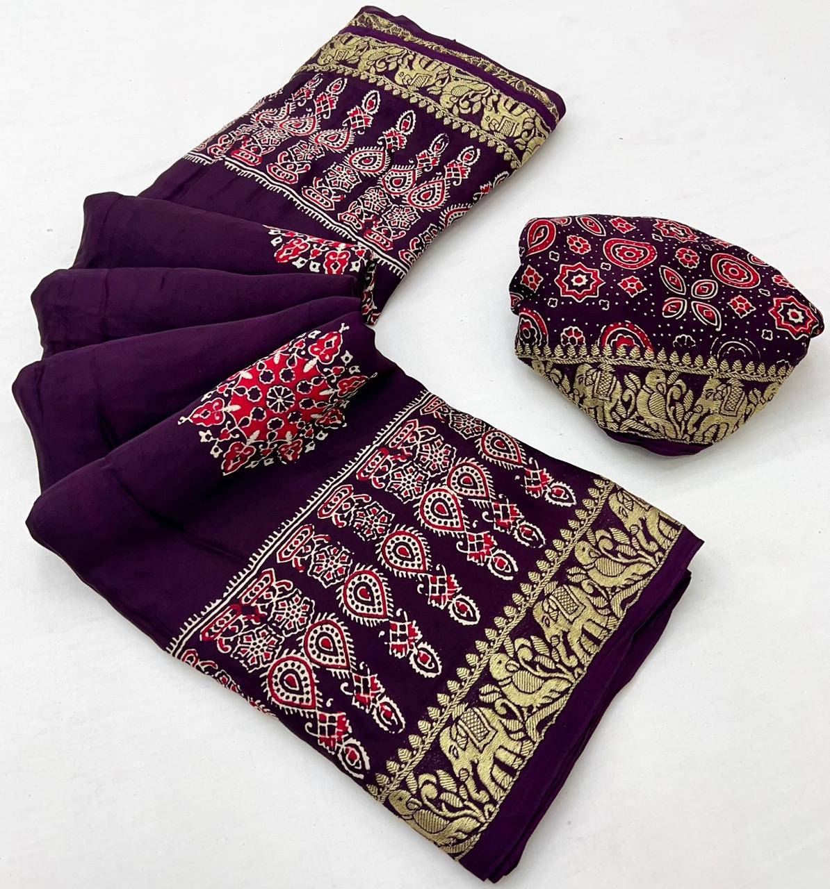 Tacao Wine Ajrakh Gajji Silk Nakshi Border Pallu Hand Block Saree