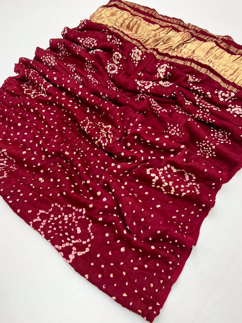 Medium Carmine Maroon Pure Bandhni Zari Pallu Modal Soft Silk Saree