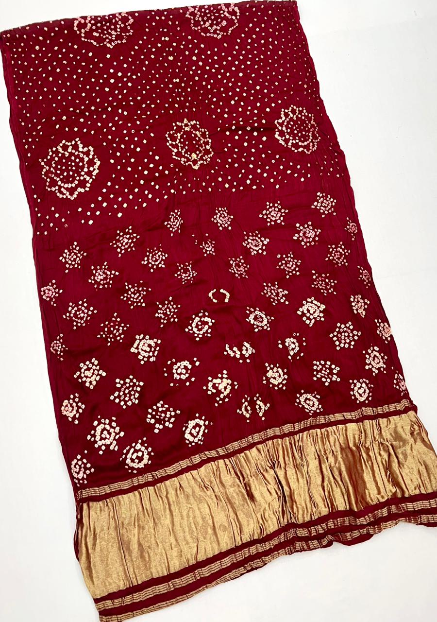 Medium Carmine Maroon Pure Bandhni Zari Pallu Modal Soft Silk Saree