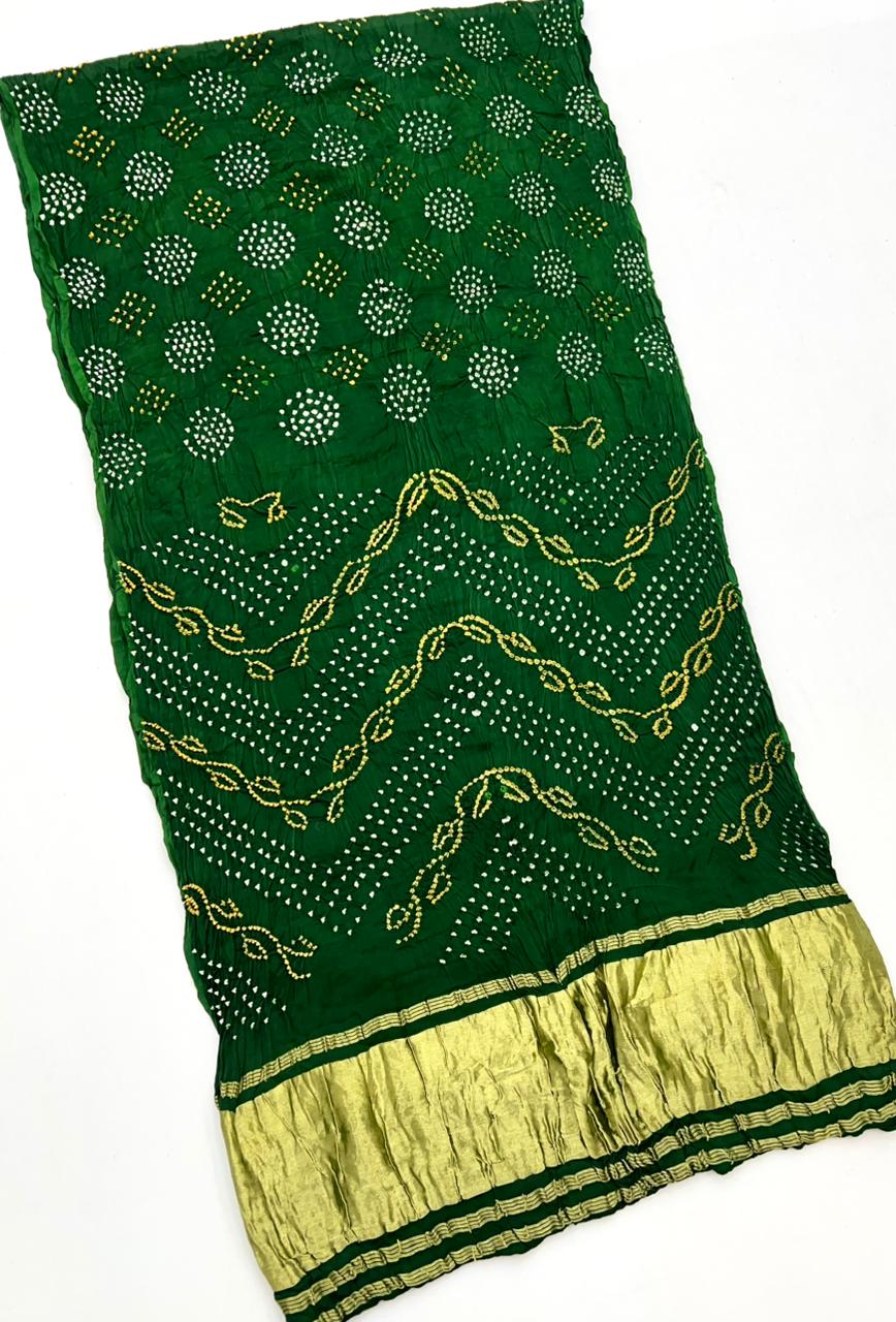Bottle Green Pure Bandhni Zari Pallu Modal Soft Silk Saree With Blouse