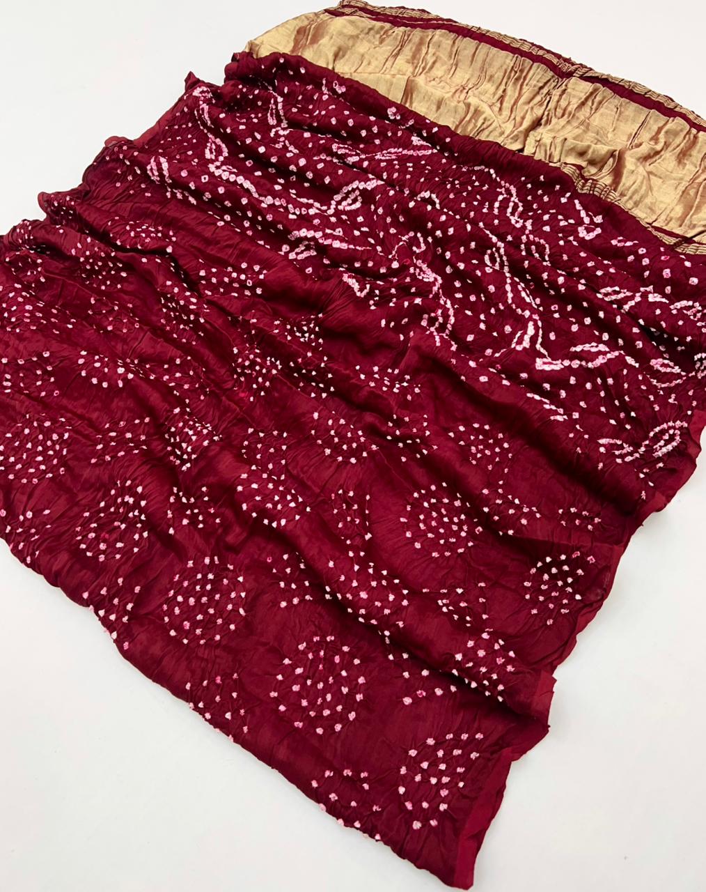 Poppies Maroon Pure Bandhni Zari Pallu Modal Soft Silk Saree With Blouse