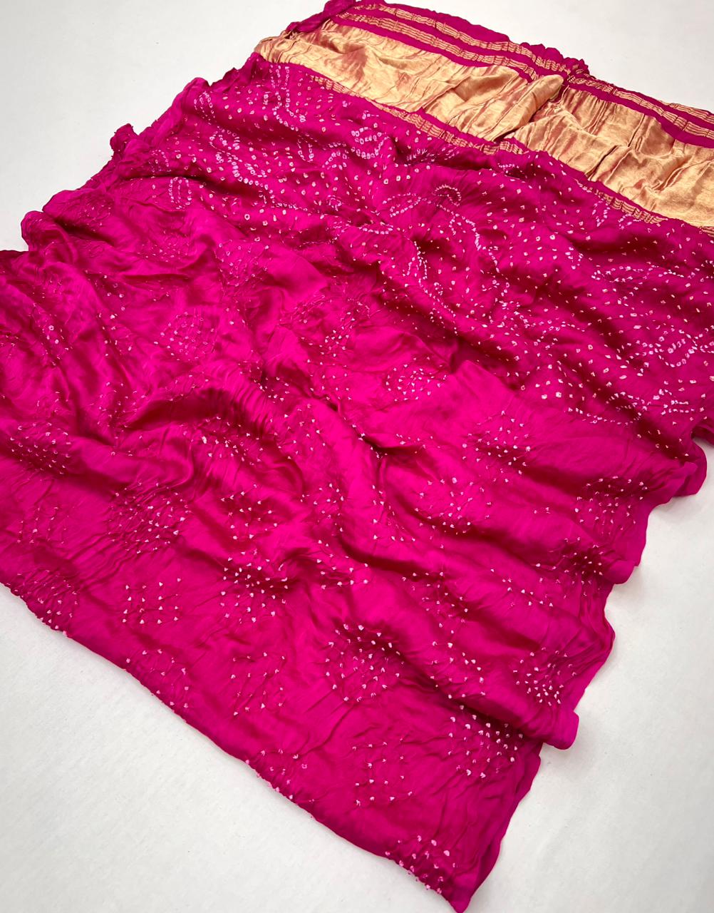 Magenta Pink Pure Bandhni Zari Pallu Modal Soft Silk Saree With Blouse