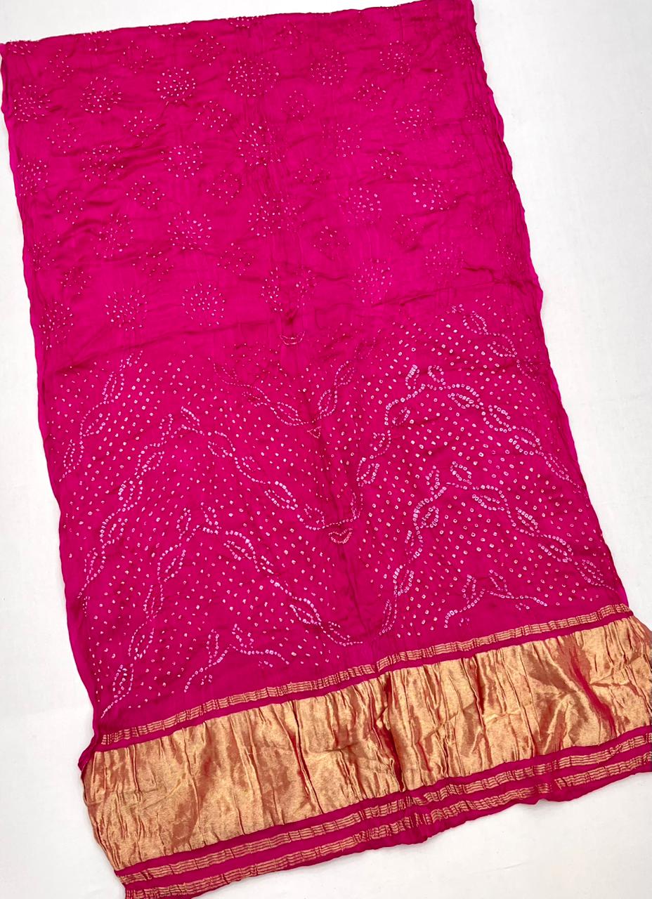 Magenta Pink Pure Bandhni Zari Pallu Modal Soft Silk Saree With Blouse