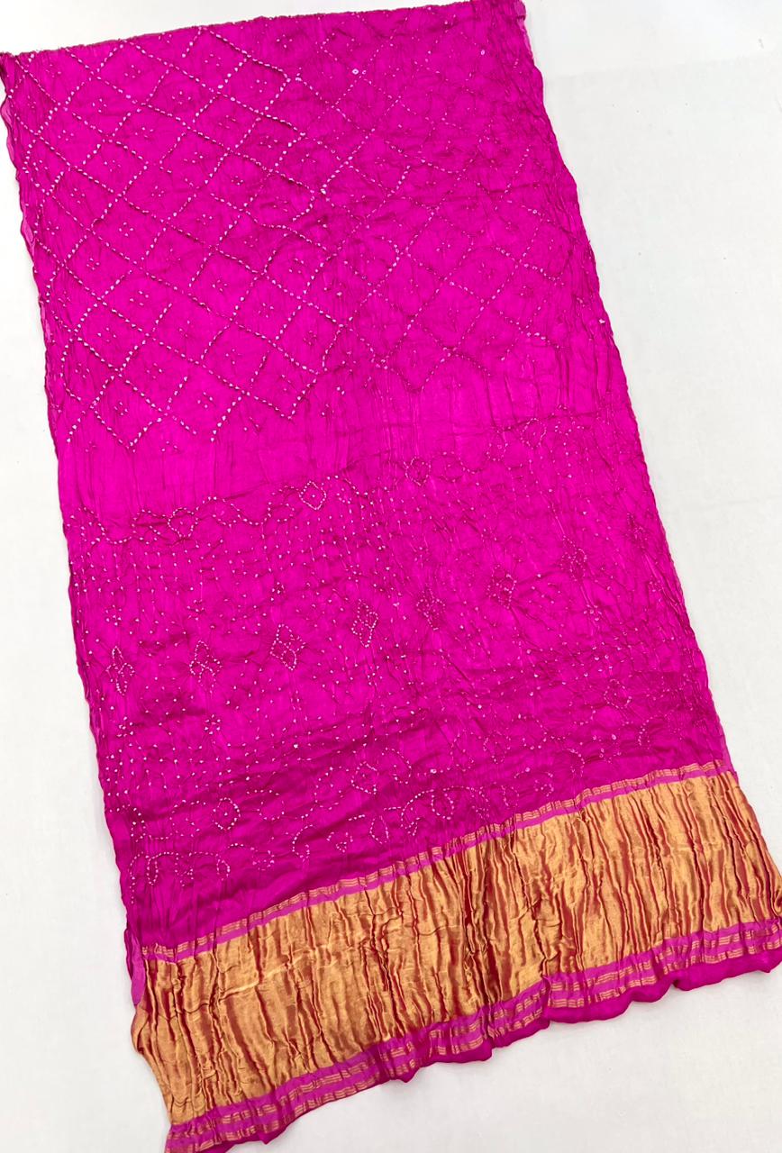 Dark Hot Pink Pure Bandhni Zari Pallu Modal Soft Silk Saree With Blouse