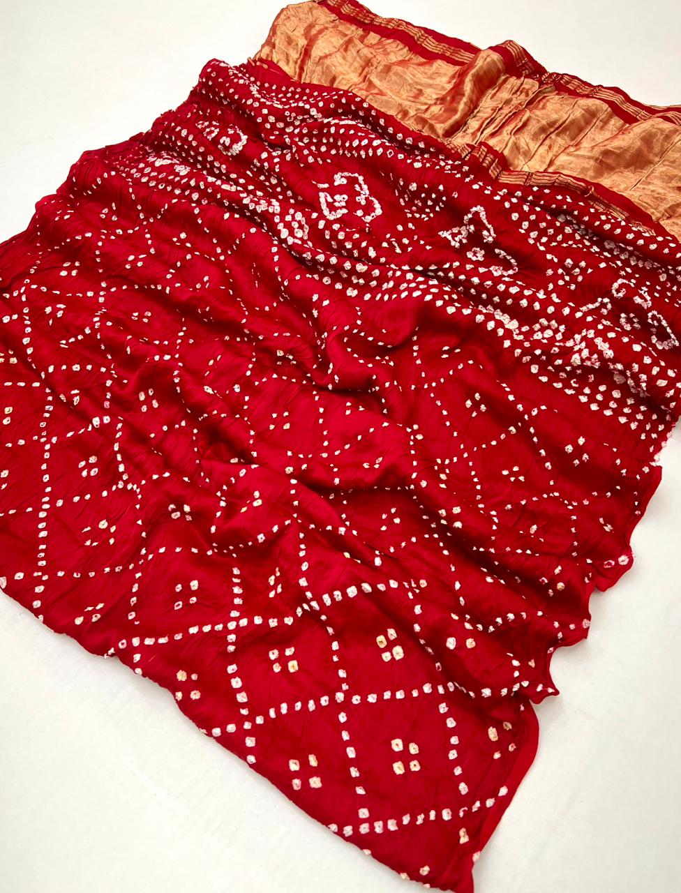 Cornell Red Pure Bandhni Zari Pallu Modal Soft Silk Saree With Blouse