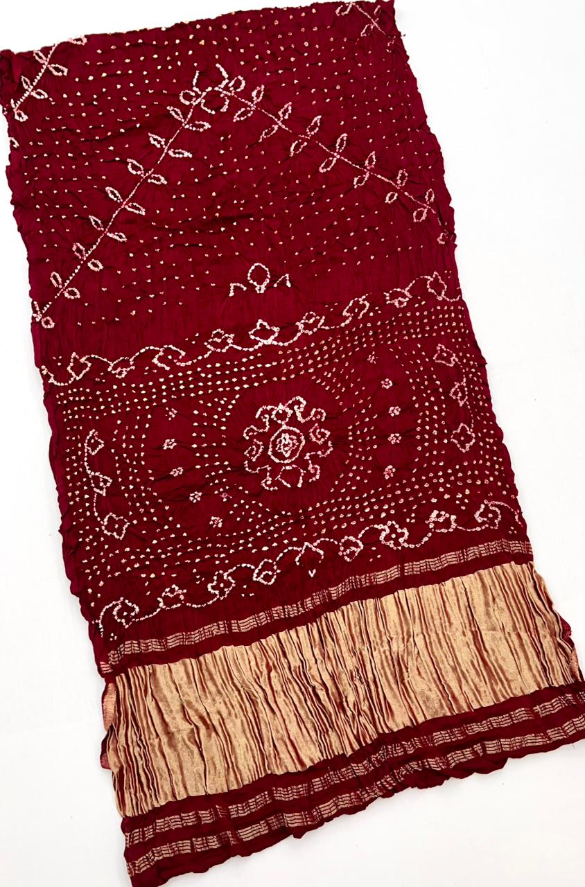 Blooming Maroon Pure Bandhni Zari Pallu Modal Soft Silk Saree With Blouse