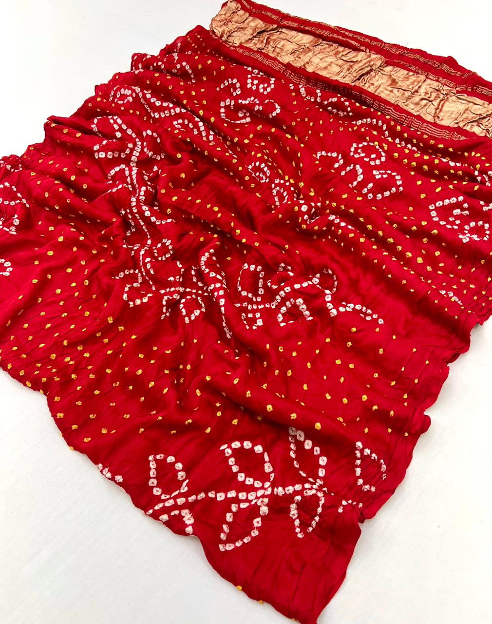 Entrancing Red Pure Bandhni Zari Pallu Modal Soft Silk Saree With Blouse