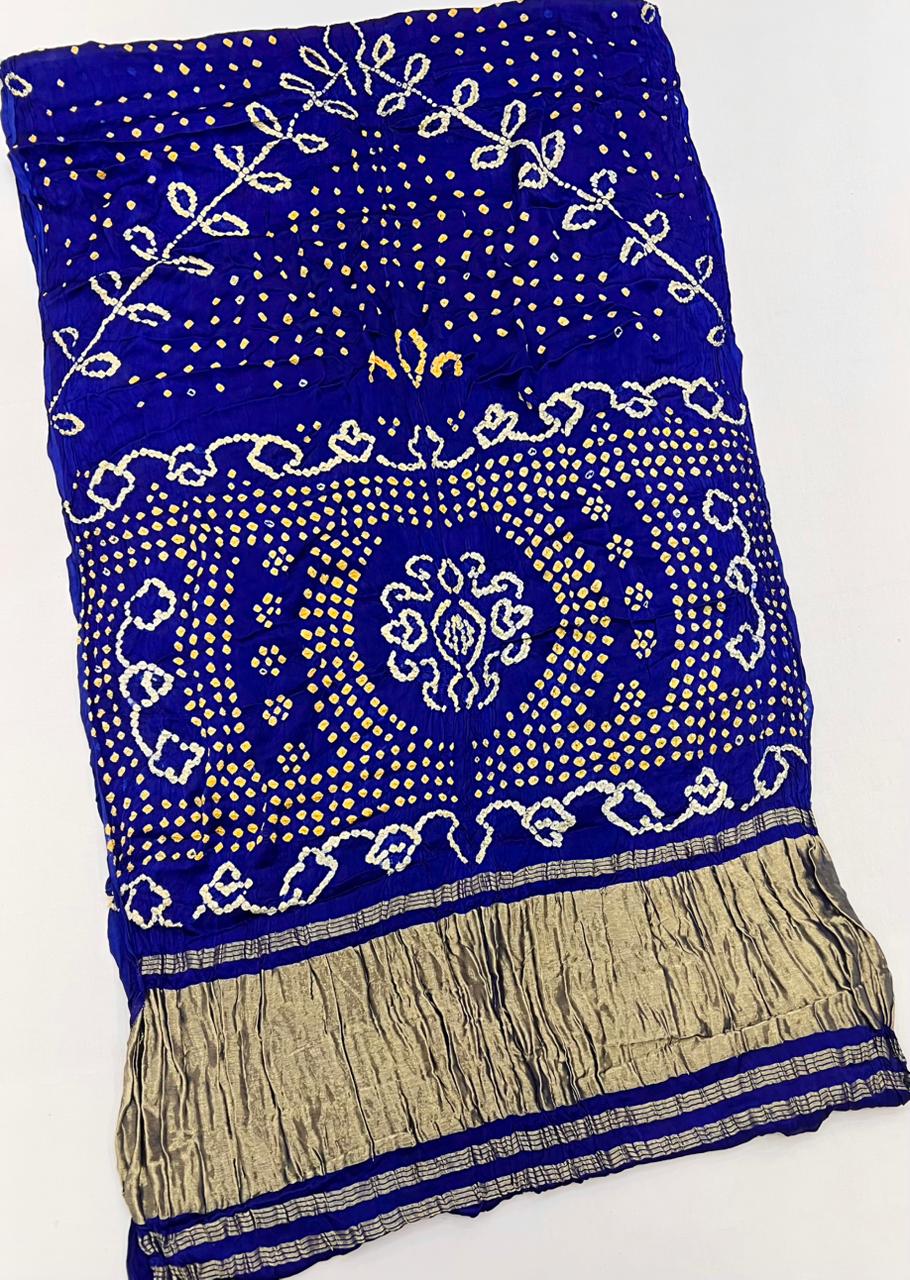 Designer Royal Blue Pure Bandhni Zari Pallu Modal Soft Silk Saree With Blouse