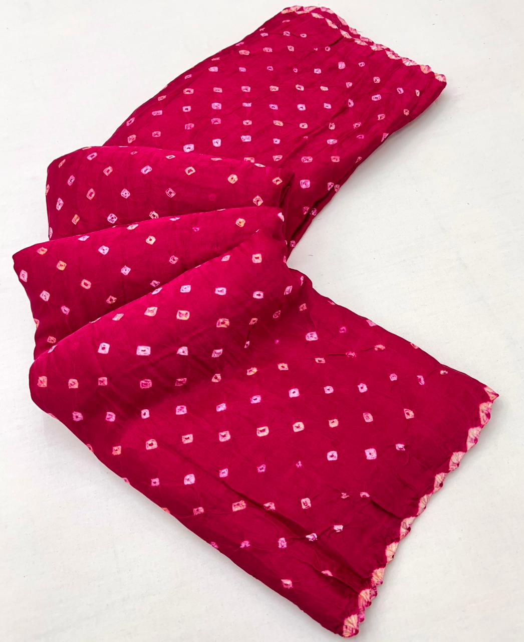 A glam Rose Red Pure Bandhni Zari Pallu Modal Soft Silk Saree With Blouse