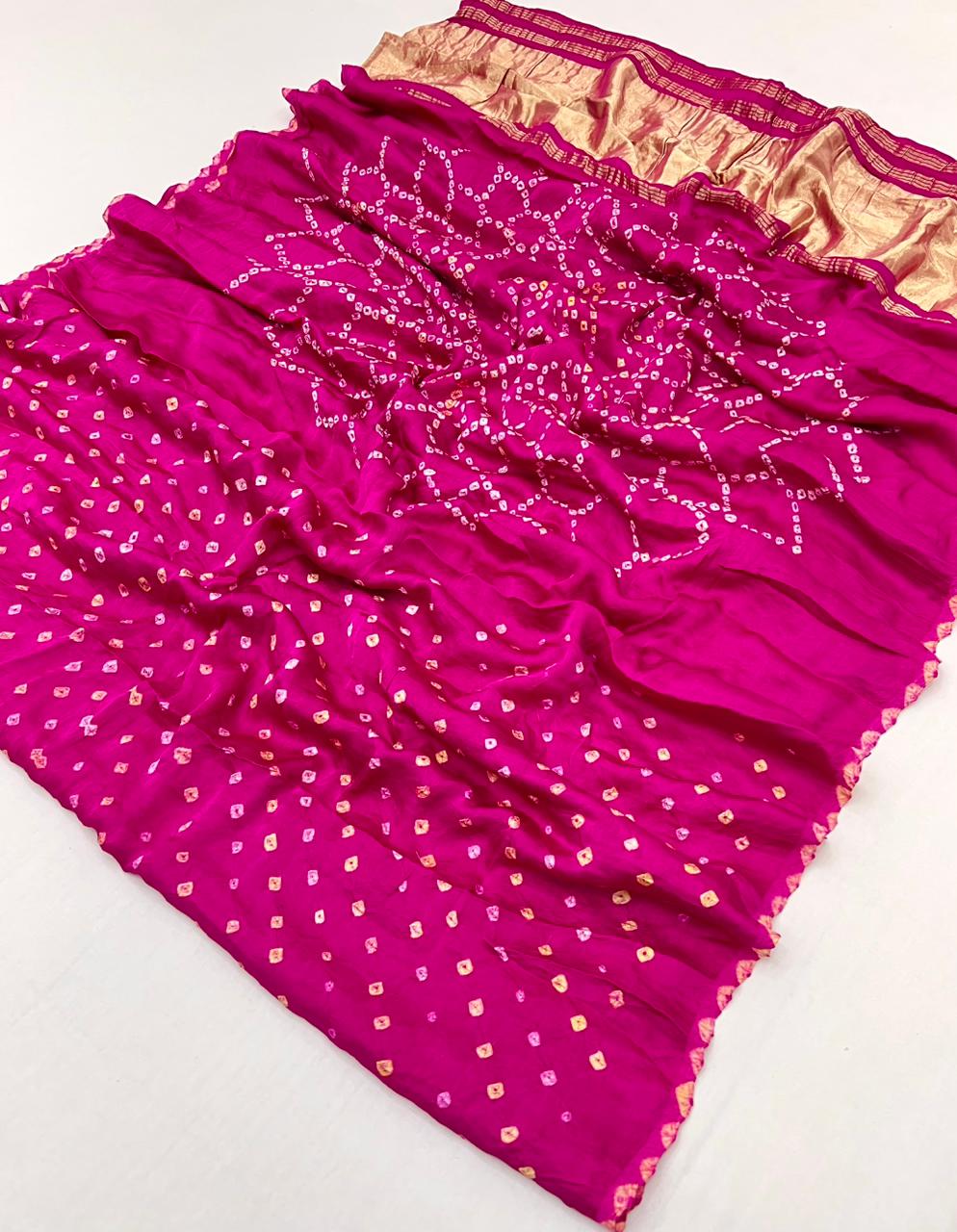 Flattering Dark Pink Pure Bandhni Zari Pallu Modal Soft Silk Saree With Blouse