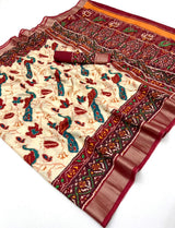 Adorable Cream Chhapa Silk Bhaglpuri Patola Saree